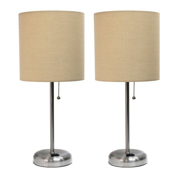Limelights Brushed Steel Stick Lamp with Charging Outlet Set, Tan, PK 2 LC2001-TAN-2PK